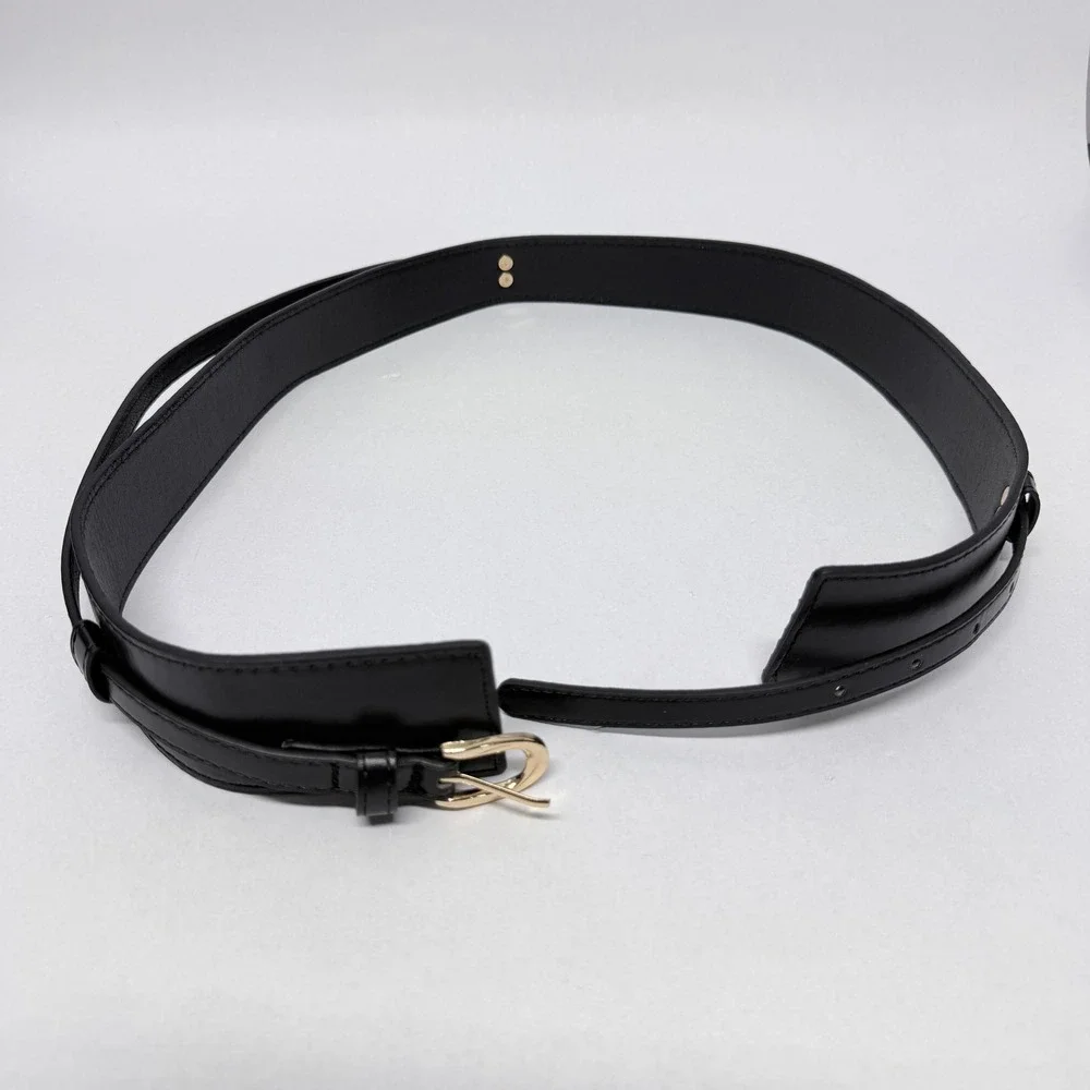 Black Faux Leather Layered Waist Cinch Belt Gold Buckle Architectural